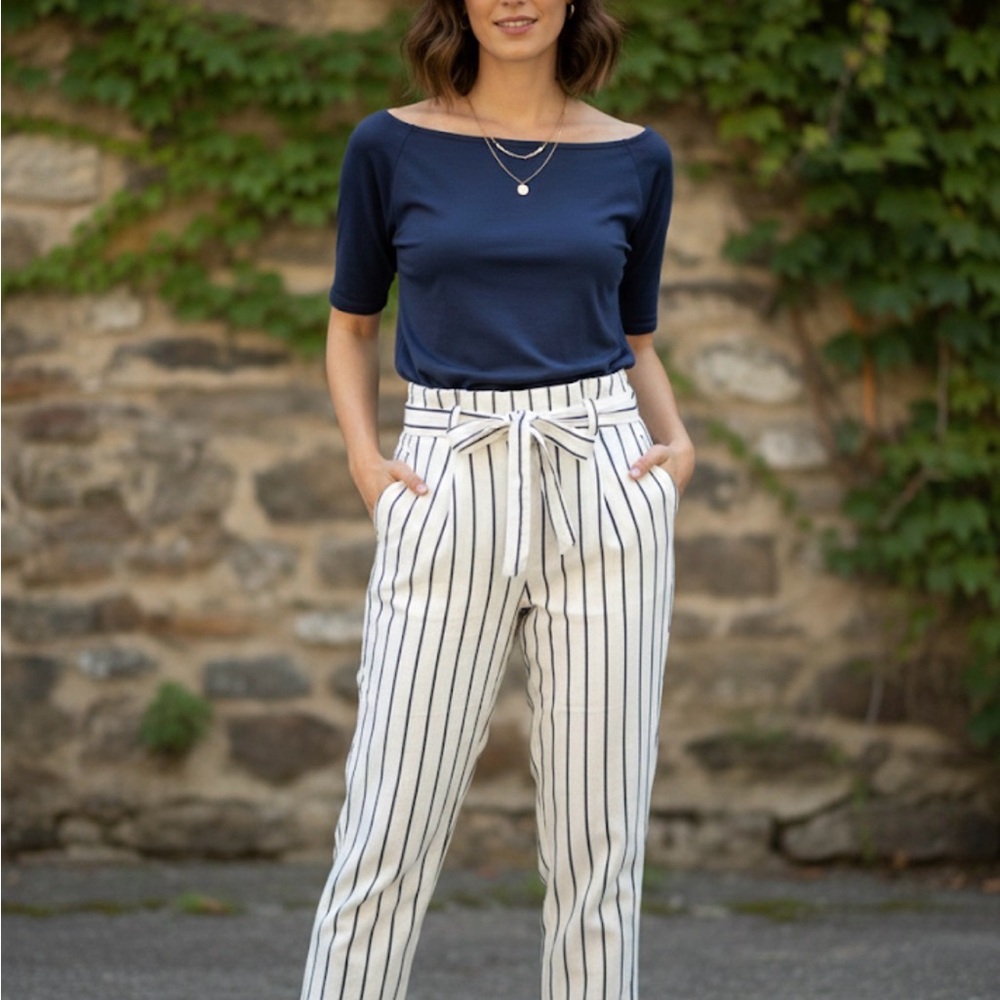 Dex Linen Blend Pants Black White Striped Belted Capri Trousers Preppy Womens L
